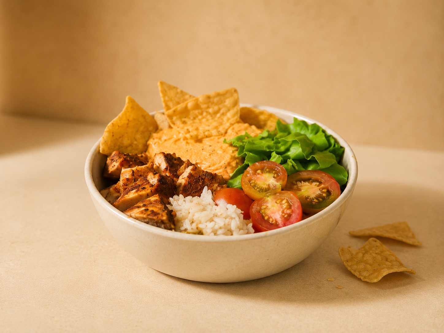 Bowl KOON — pollo, arroz, hummus, tomates y nachos